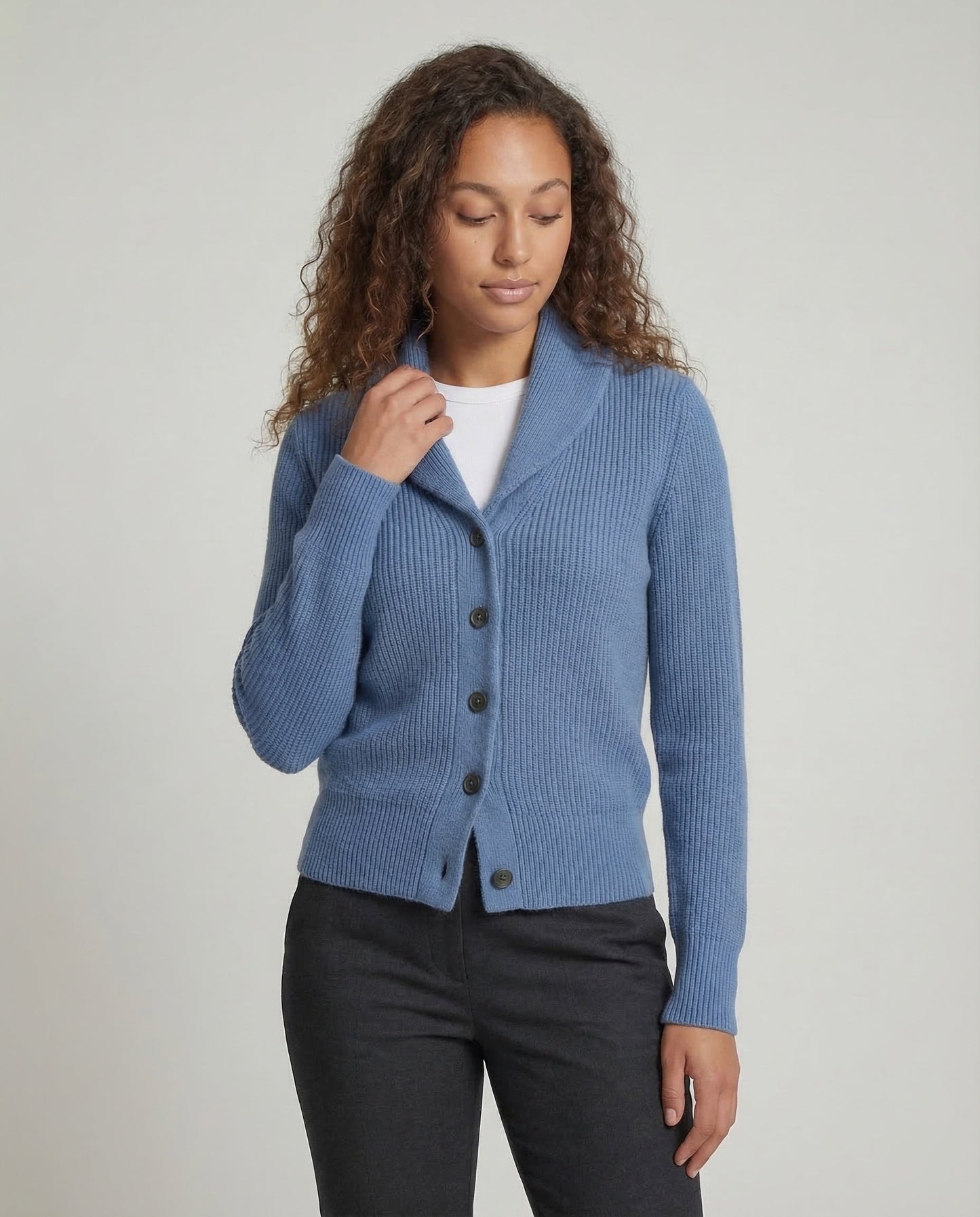 Beatrice shawl collar ribbed cardigan, close-up front view