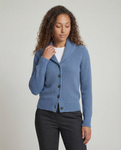 Beatrice shawl collar ribbed cardigan, close-up front view
