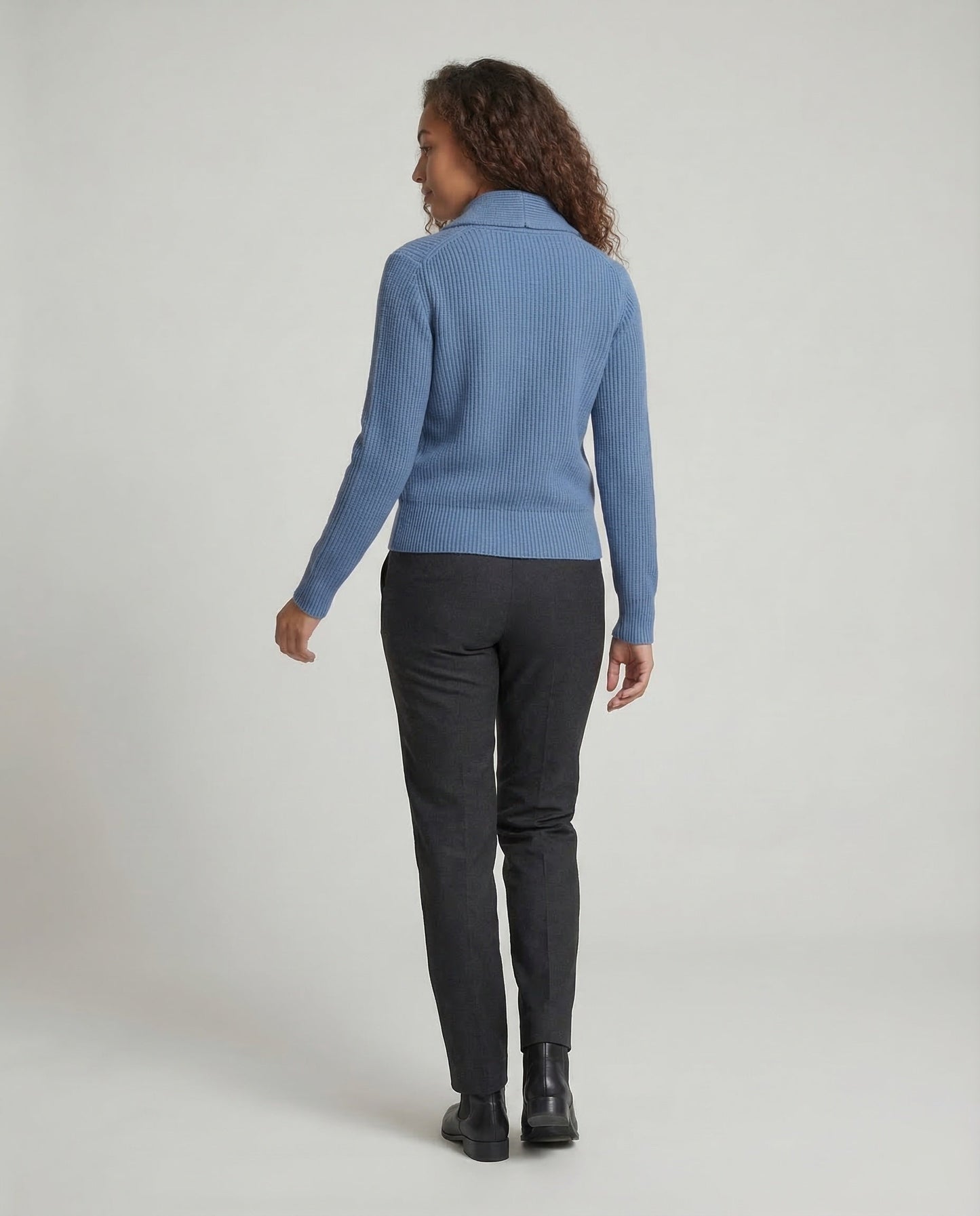 Beatrice shawl collar ribbed cardigan, back view