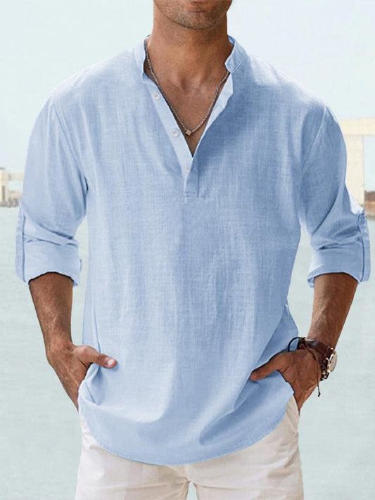 Callum light blue linen-look shirt with band collar, front view