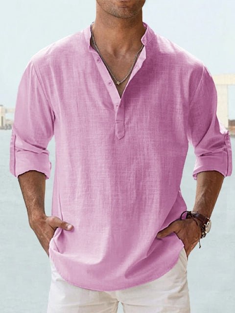 Callum pink linen-look shirt with V-neck placket