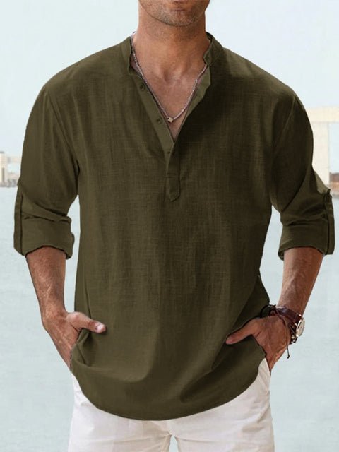 Callum olive green linen-look shirt with long sleeves