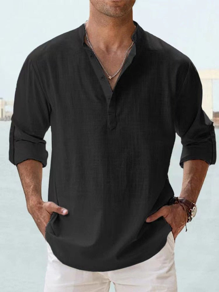 Callum black linen-look shirt with V-neck button placket