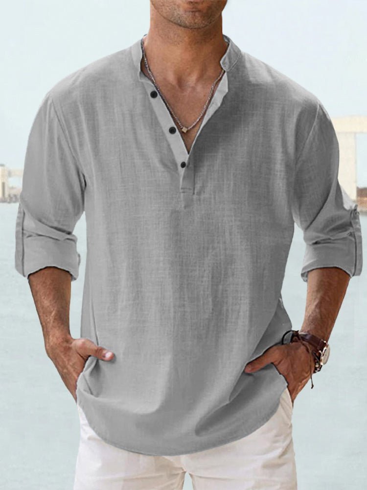 Callum grey linen-look shirt with long rolled sleeves