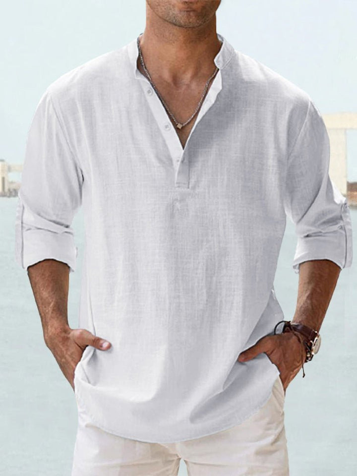 Callum white linen-look shirt with band collar