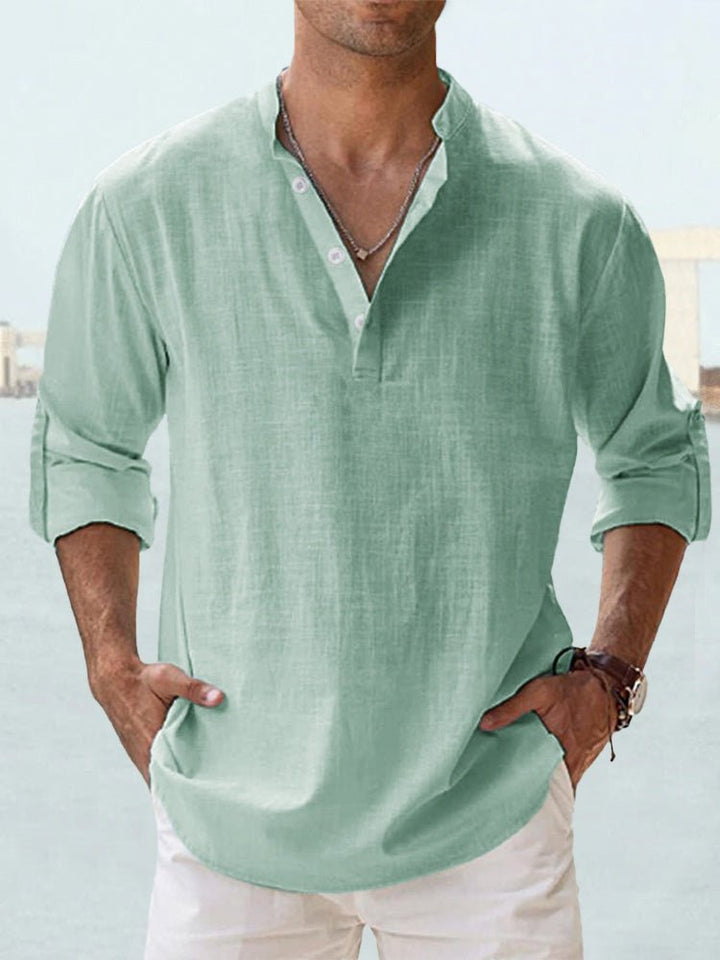 Callum mint green linen-look shirt with V-neck placket