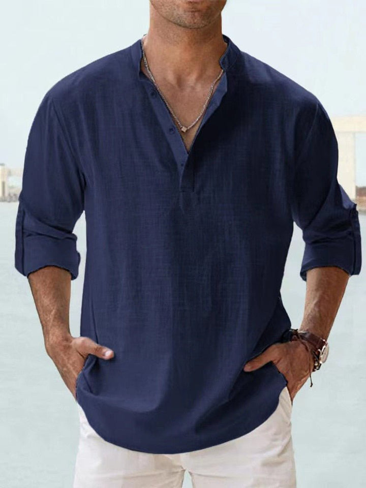 Callum navy linen-look shirt with band collar