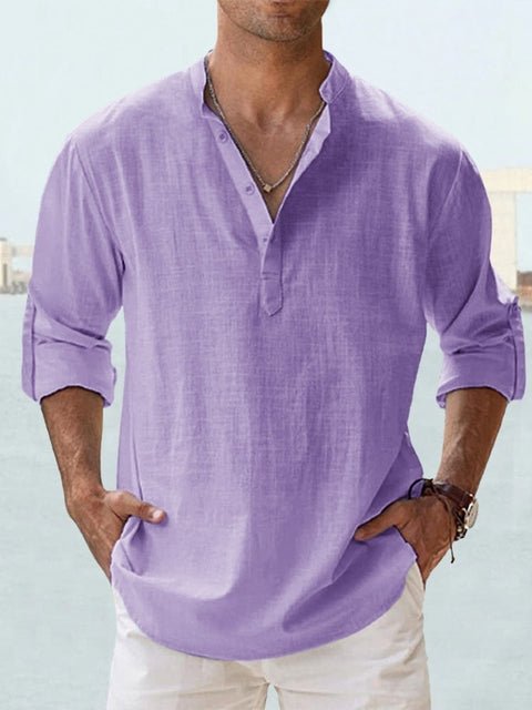 Callum lavender linen-look shirt with band collar