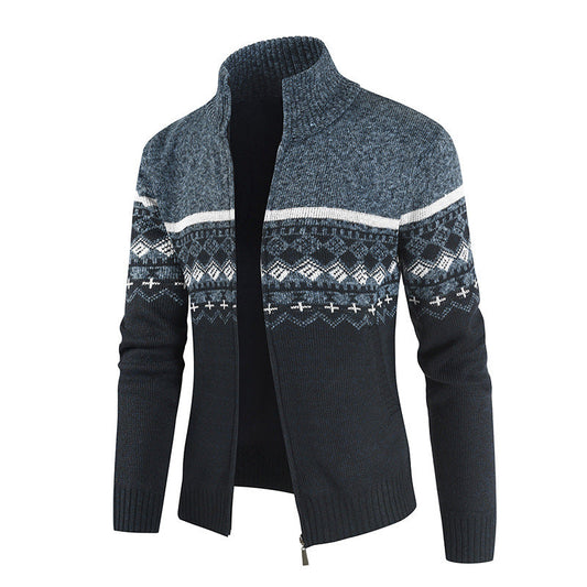 Callum navy Nordic pattern zip cardigan, front flat lay