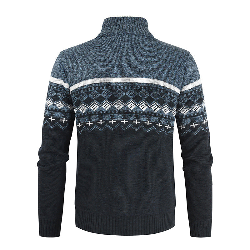 Callum navy Nordic pattern zip cardigan, back view flat lay