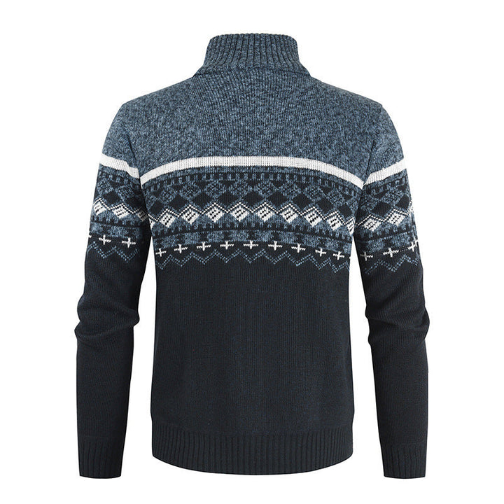 Callum navy Nordic pattern zip cardigan, back view flat lay
