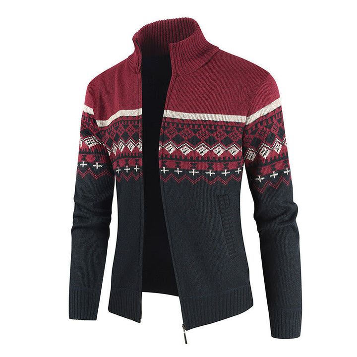 Callum wine red Nordic pattern zip cardigan, front flat lay