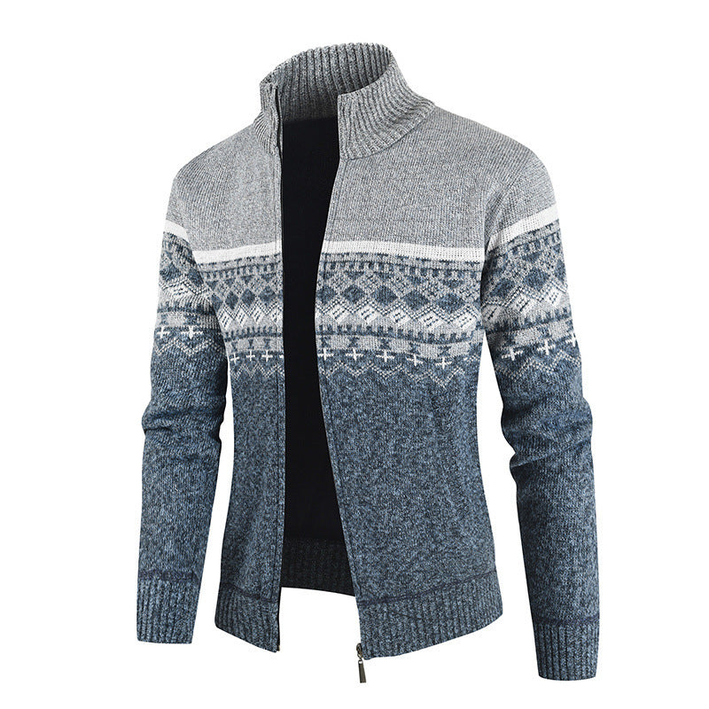 Callum blue grey ombre Nordic pattern zip cardigan, front flat lay