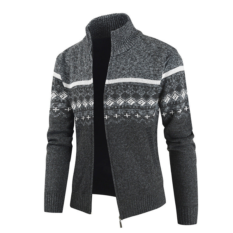 Callum charcoal grey Nordic pattern zip cardigan, front flat lay