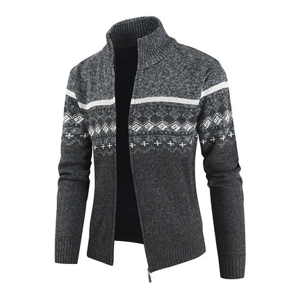 Callum charcoal grey Nordic pattern zip cardigan, front flat lay