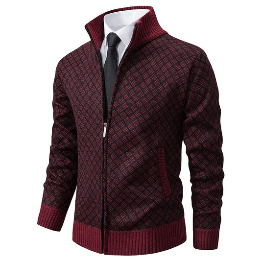 Callum zip-up stand collar cardigan, red front view with tie styling