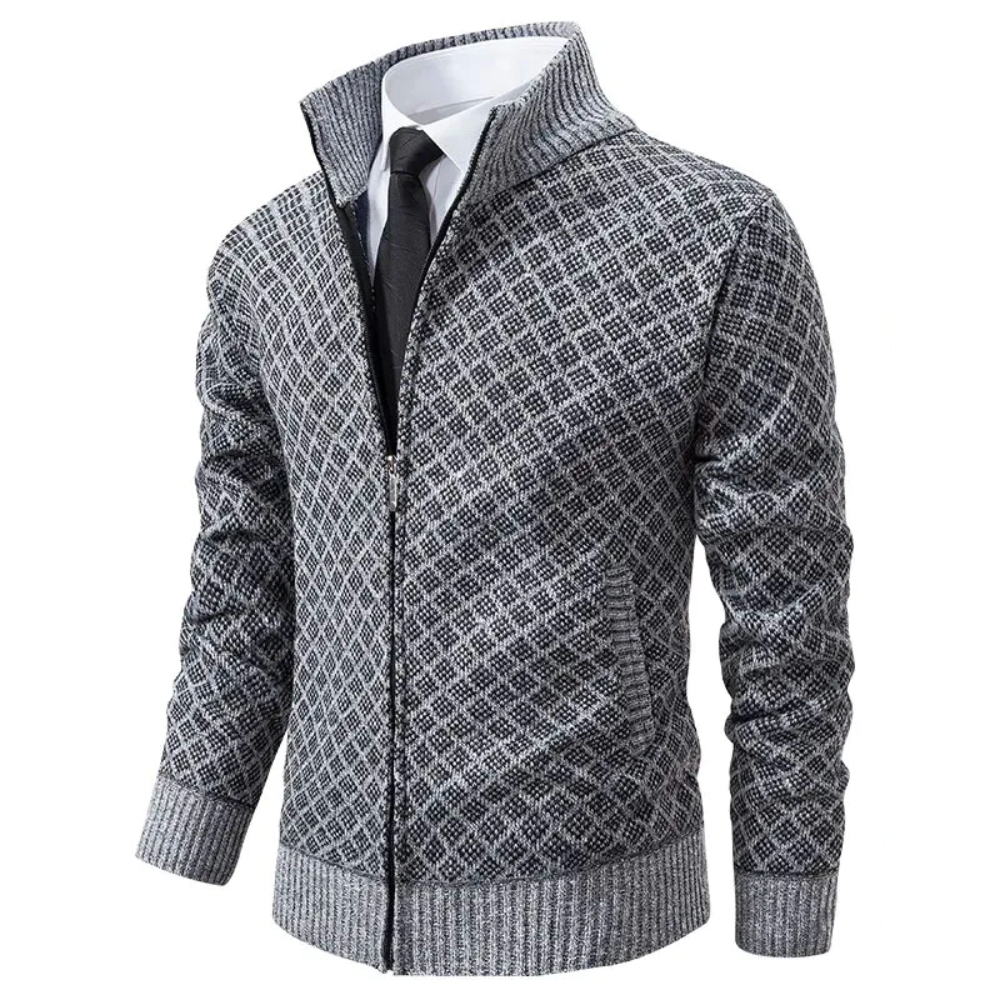 Callum zip-up stand collar cardigan, grey front view with tie styling