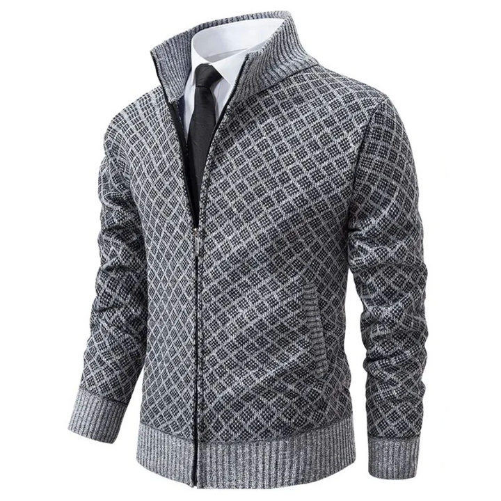 Callum zip-up stand collar cardigan, grey front view with tie styling