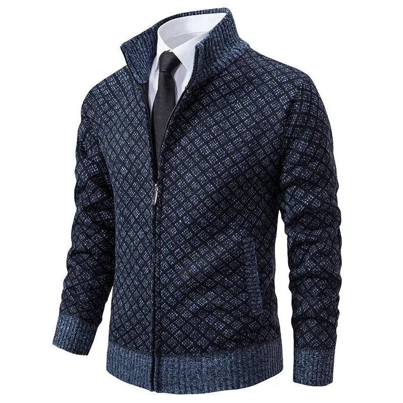 Callum zip-up stand collar cardigan, navy front view with tie styling