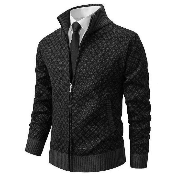 Callum zip-up stand collar cardigan, black front view with tie styling