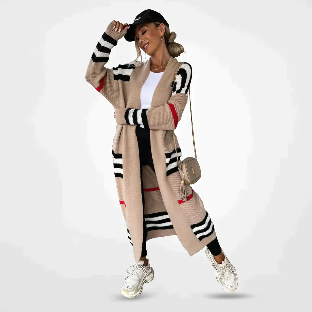 Claire striped longline cardigan in caramel with black and white stripes, worn open, full body view