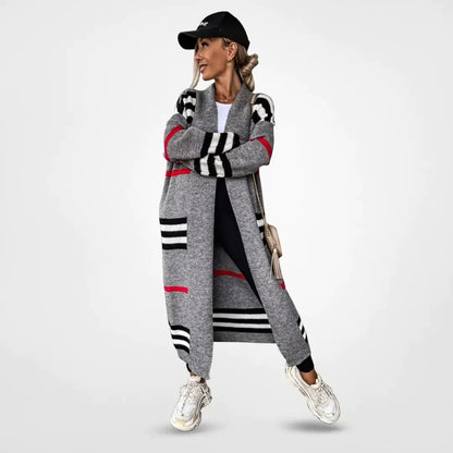 Claire striped longline cardigan in grey with black and white stripes, worn open, full body view