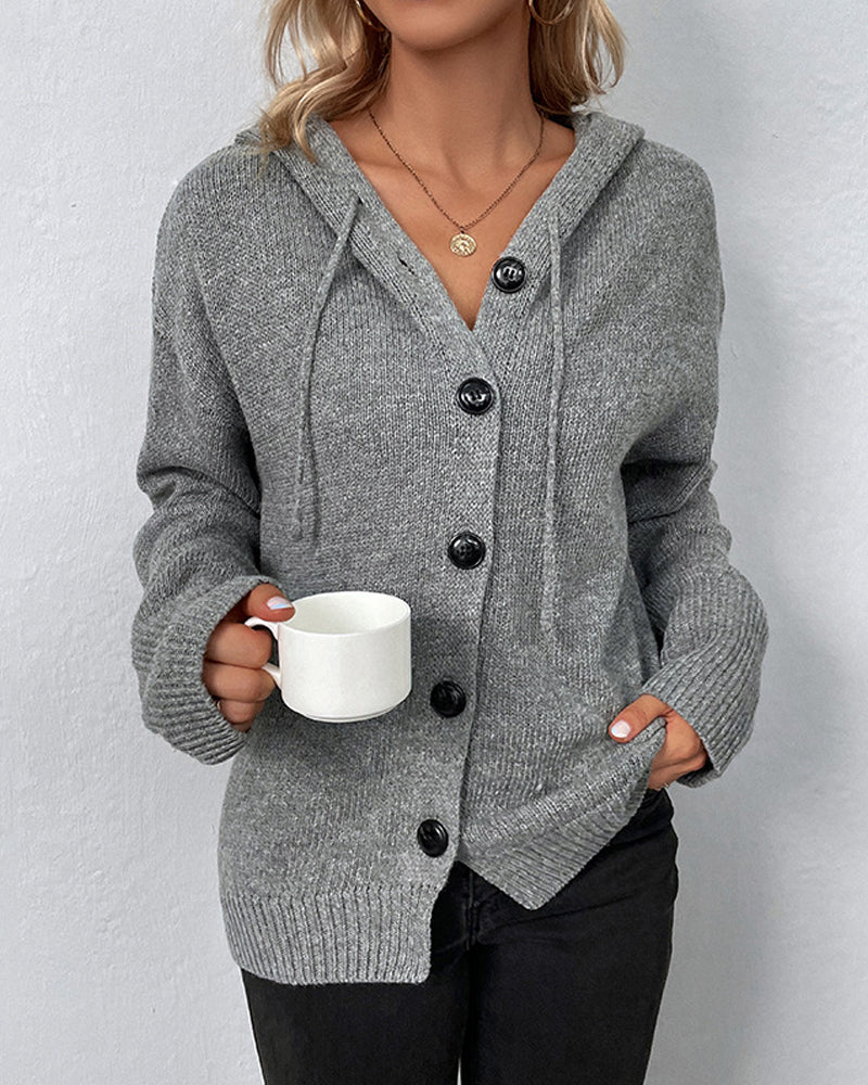 Corina hooded cardigan in grey, front close-up with button detail