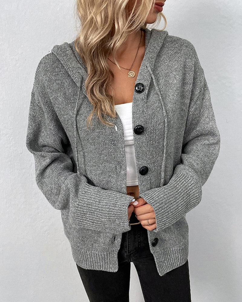 Corina hooded cardigan in grey, open front view over white top