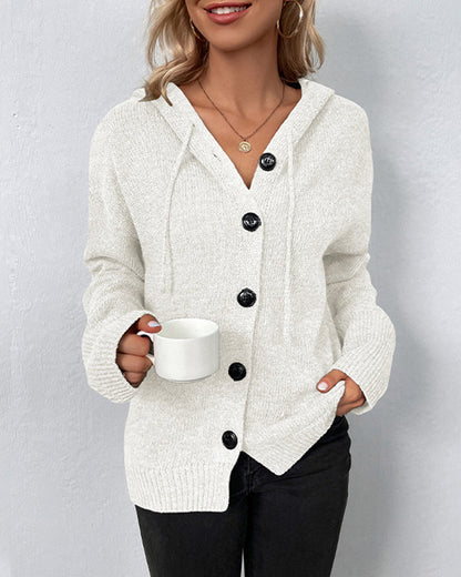 Corina hooded cardigan in white, front close-up with button detail