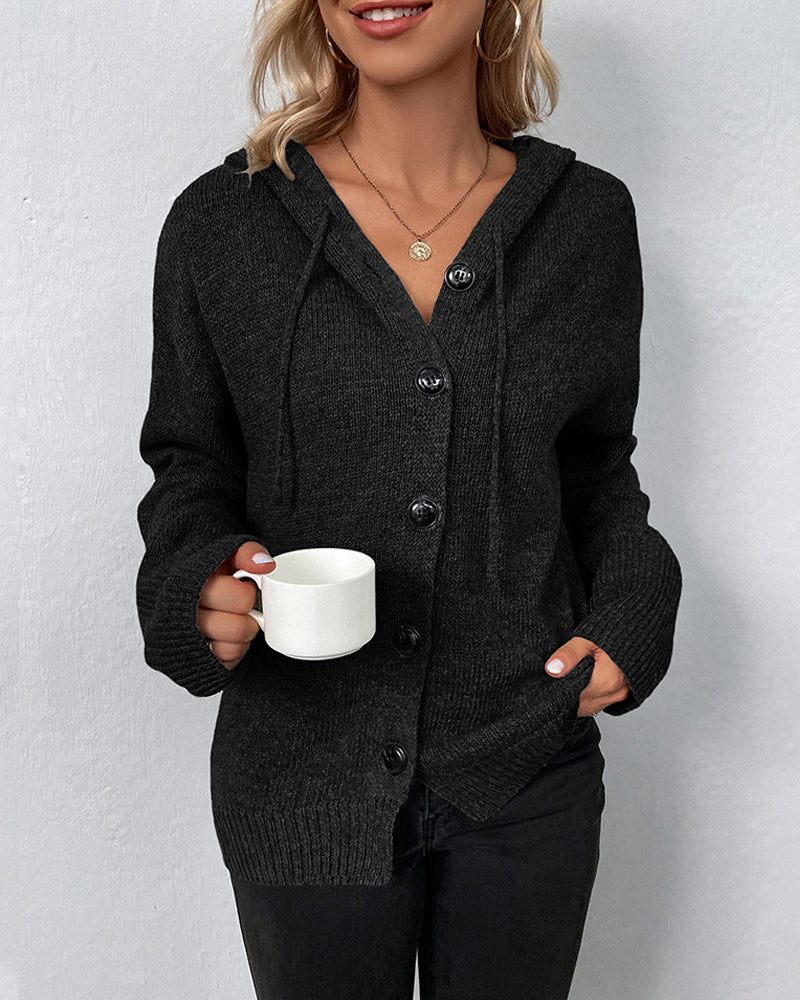 Corina hooded cardigan in black, front close-up with button detail