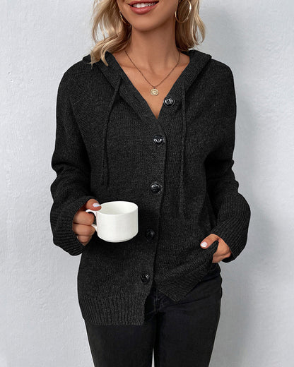 Corina hooded cardigan in black, front close-up with button detail