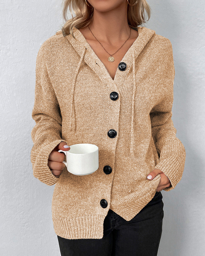 Corina hooded cardigan in camel, front close-up with button detail