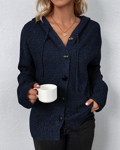 Corina hooded cardigan in navy blue, front close-up with button detail
