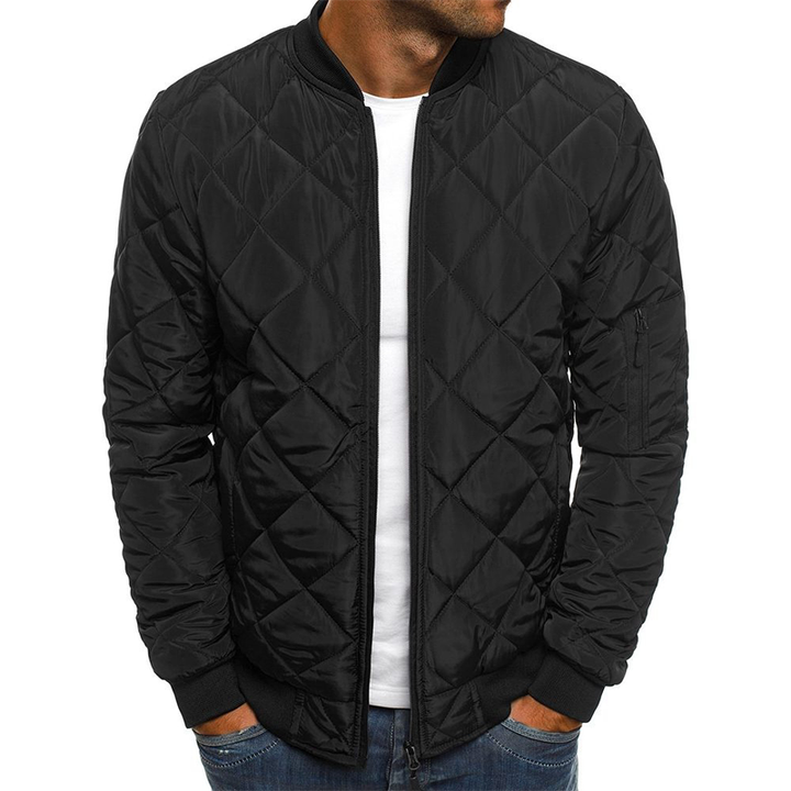 Daniel quilted diamond bomber jacket in black, front view