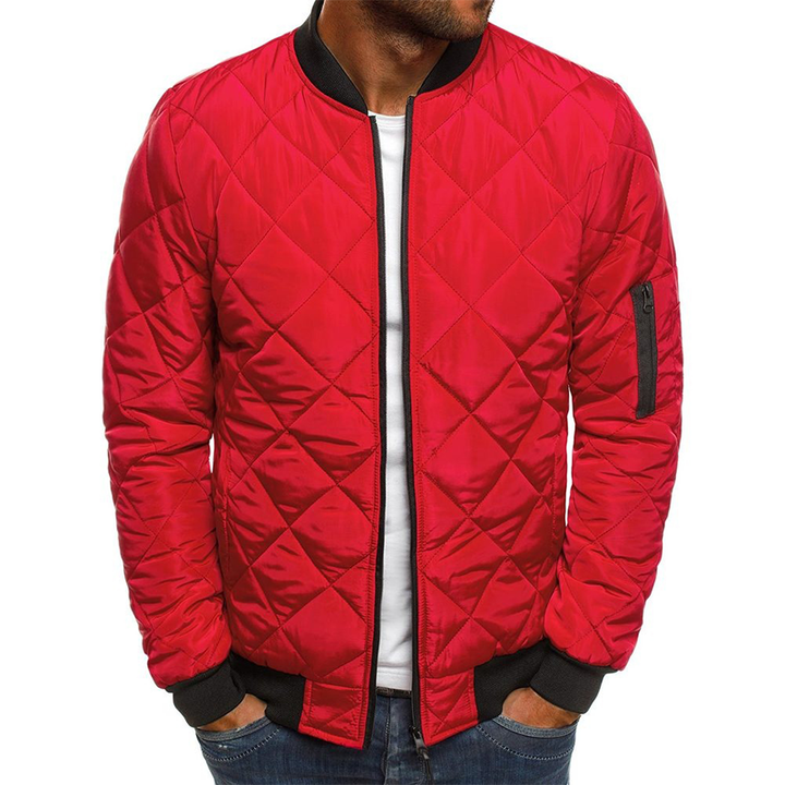 Daniel quilted diamond bomber jacket in red, front view