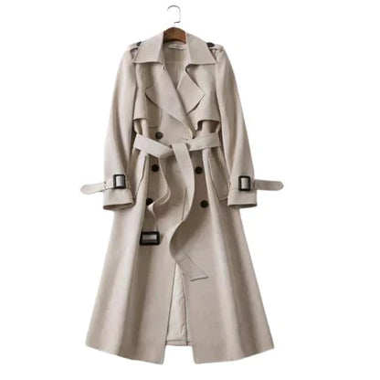 Eleanor double-breasted trench coat in cream, front view on hanger