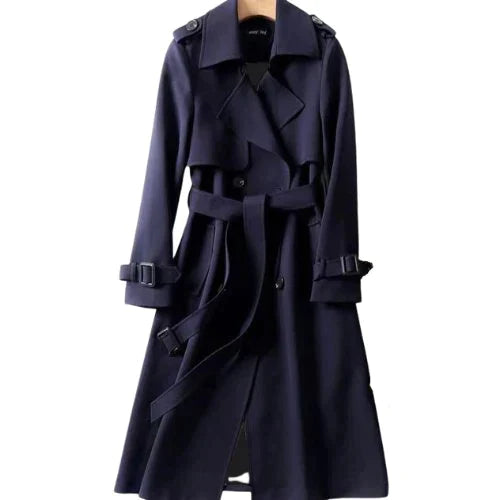 Eleanor belted trench coat in navy, front view on hanger