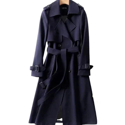 Eleanor belted trench coat in navy, front view on hanger