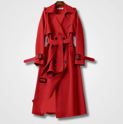 Eleanor longline trench coat in red, flat lay front view