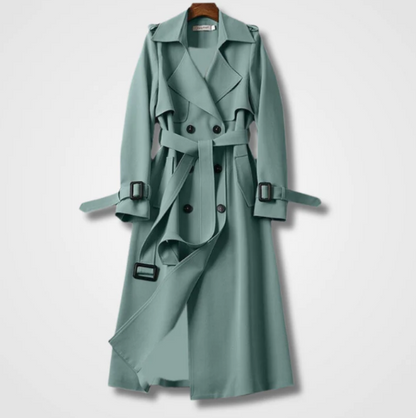 Eleanor belted trench coat in sage green, flat lay front view