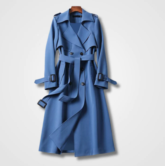 Eleanor longline trench coat in blue, flat lay front view