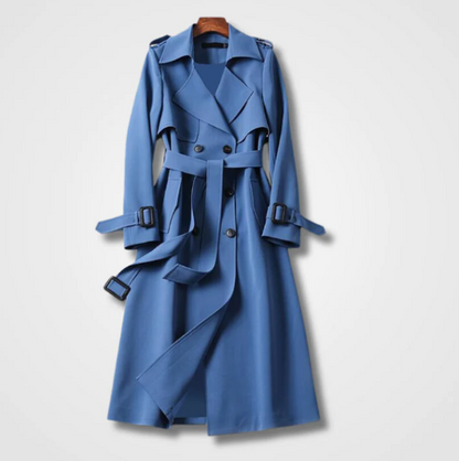 Eleanor longline trench coat in blue, flat lay front view