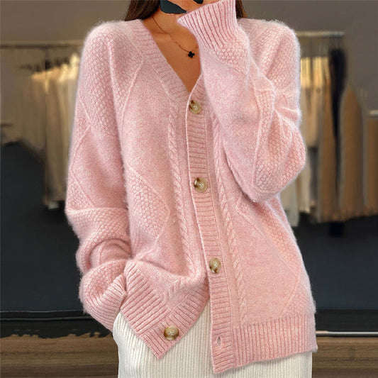 Eliza cable knit V-neck cardigan in pink, front view