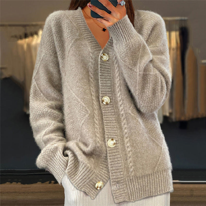Eliza cable knit V-neck cardigan in taupe, front view