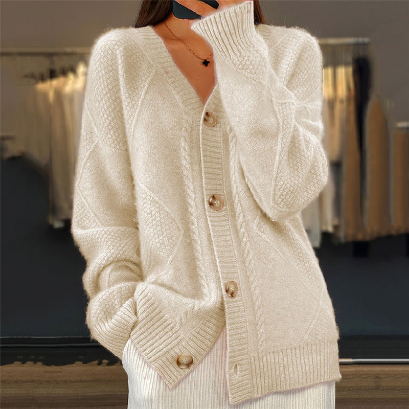 Eliza cable knit V-neck cardigan in cream, front view