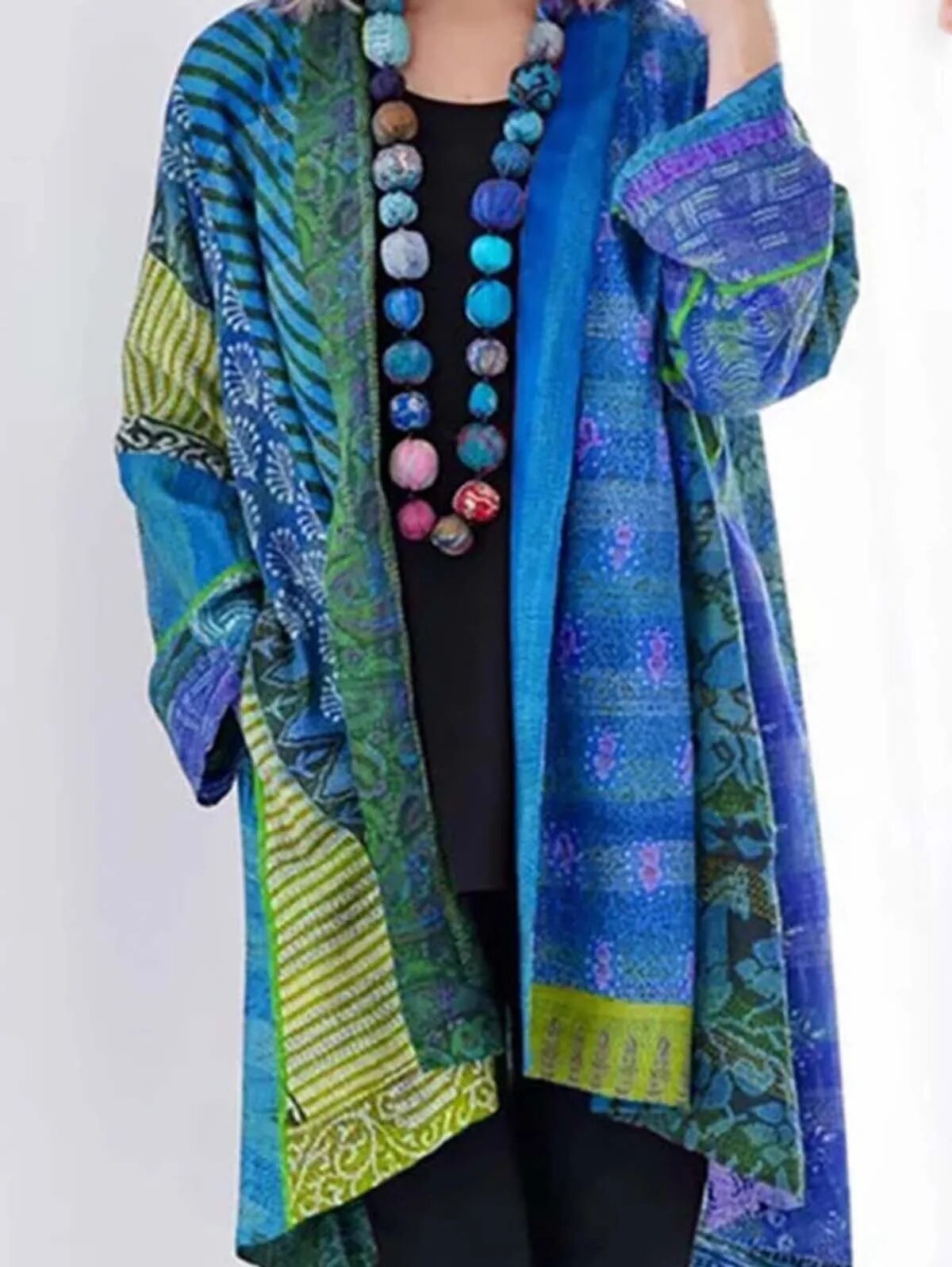 Elodie boho patchwork kimono cardigan in blue and green, front view