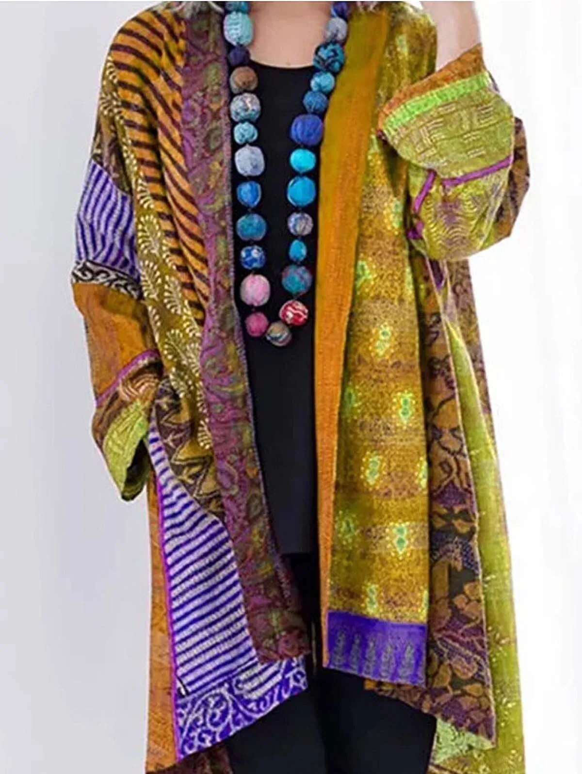 Elodie boho patchwork kimono cardigan in mustard yellow, front view