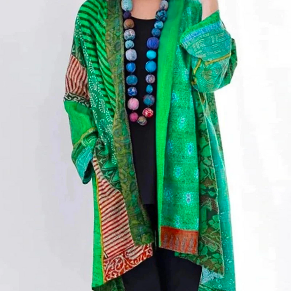 Elodie boho patchwork kimono cardigan in green, front view