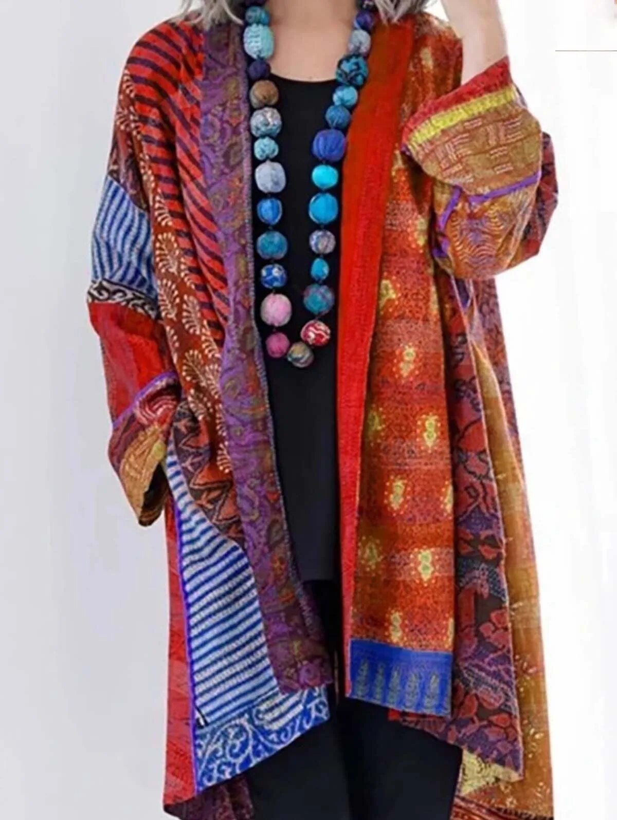 Elodie boho patchwork kimono cardigan in red and orange, front view