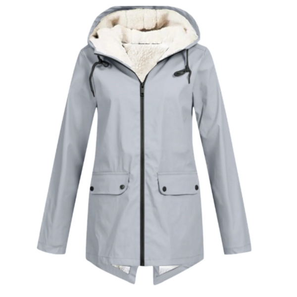 Elodie hooded waterproof trench coat in grey, front view